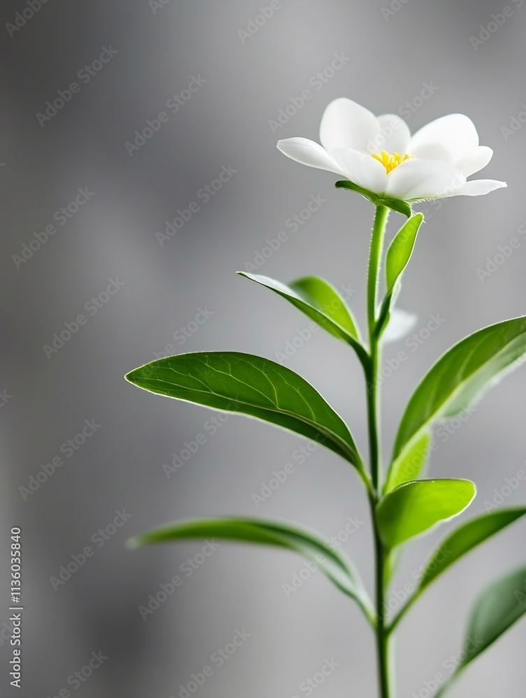 Elegant white flower with green leaves on blurred gray background macro photography : Generative AI Elegant white flower with green leaves on blurred gray background macro photography : Generative AI
