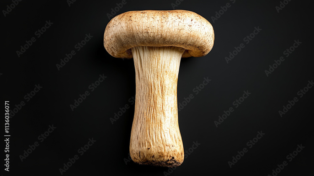 Fototapeta premium Mushroom Close Up: A single, fresh mushroom, viewed from above, stands tall against a dark background. Its cap and stem are highlighted, showcasing the intricate details of its natural texture.