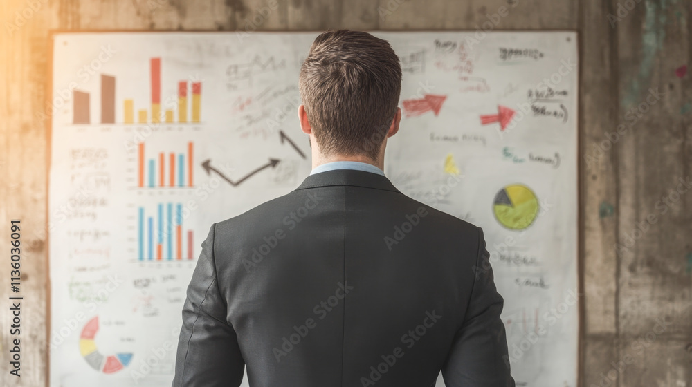Businessman analyzing graphs on a whiteboard for strategic planning and decision making Businessman analyzing graphs on a whiteboard for strategic planning and decision making
