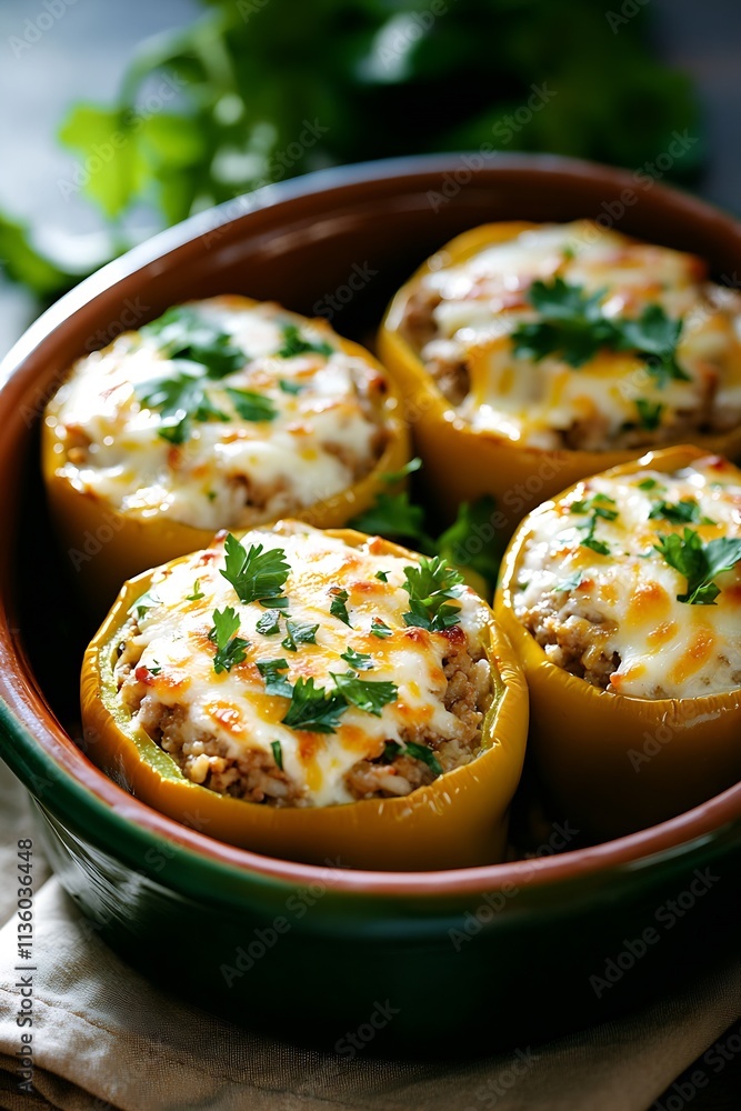 Baked Stuffed Bell Peppers with Melted Cheese Garnish on Rustic Crockpot : Generative AI Baked Stuffed Bell Peppers with Melted Cheese Garnish on Rustic Crockpot : Generative AI