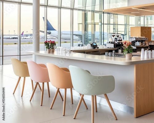 Modern airport lounge with colorful chairs ,airport cafe with pastel chairs, airport cafe with window view, airport cafe for modern traveler ,airport cafe interior ,modern airport seating