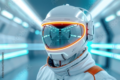 A futuristic astronaut in a sleek, illuminated helmet stands in a high-tech environment, showcasing a blend of technology and space exploration. photo