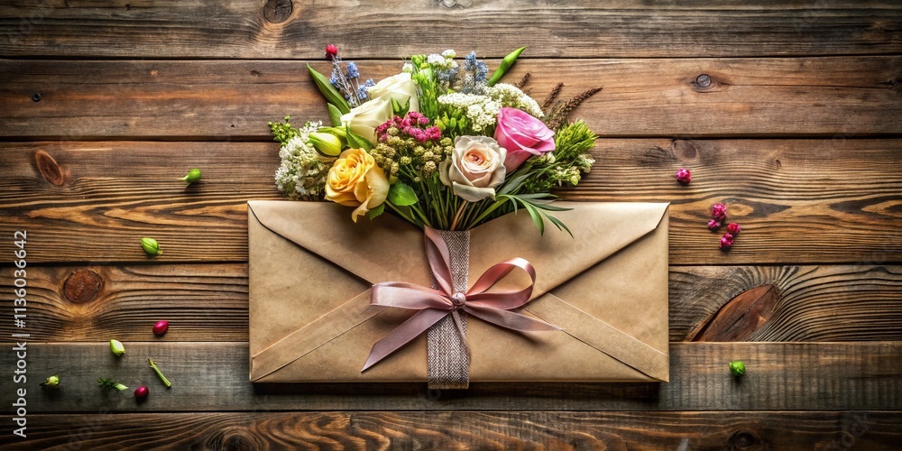 Aerial View of Isolated Craft Envelope with Handwritten Letter, Tied with Ribbon Bow and Surrounded by a Beautiful Bouquet of Flowers on a Rustic Wooden Background Aerial View of Isolated Craft Envelope with Handwritten Letter, Tied with Ribbon Bow and Surrounded by a Beautiful Bouquet of Flowers on a Rustic Wooden Background