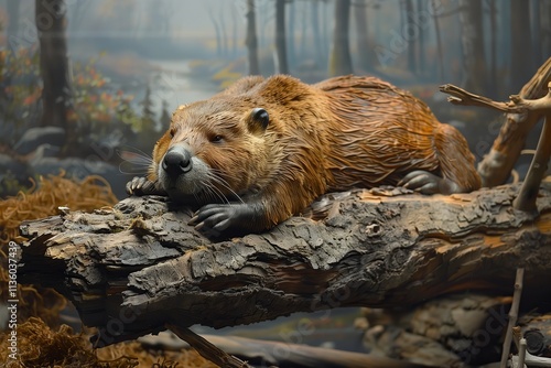 A beaver resting peacefully on a log near a serene forest landscape. photo