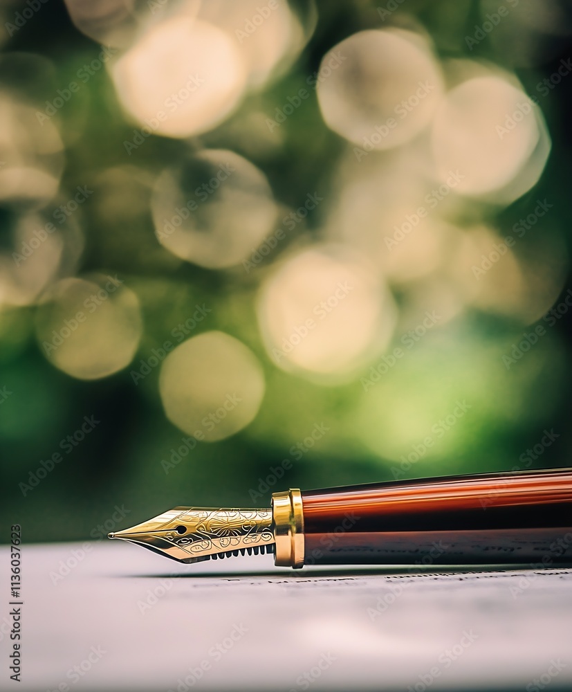Elegant fountain pen on paper with bokeh background for sophisticated writing : Generative AI