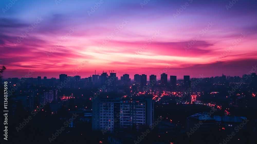 Urban Cityscape Silhouette with Vibrant Purple and Pink Sunset Skies : Generative AI Urban Cityscape Silhouette with Vibrant Purple and Pink Sunset Skies : Generative AI