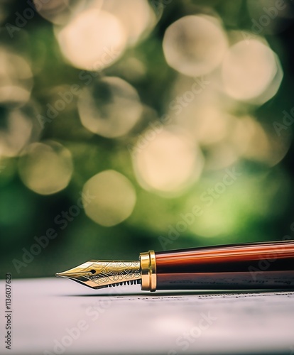 Elegant fountain pen on paper with bokeh background for sophisticated writing : Generative AI