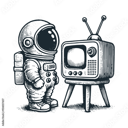 Cute astronaut watching a vintage television. Black white vector. Icon and logo illustration.