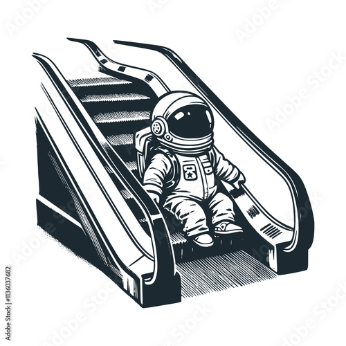 Cute astronaut sitting in the escalator .Black white vector icon and logo illustration.