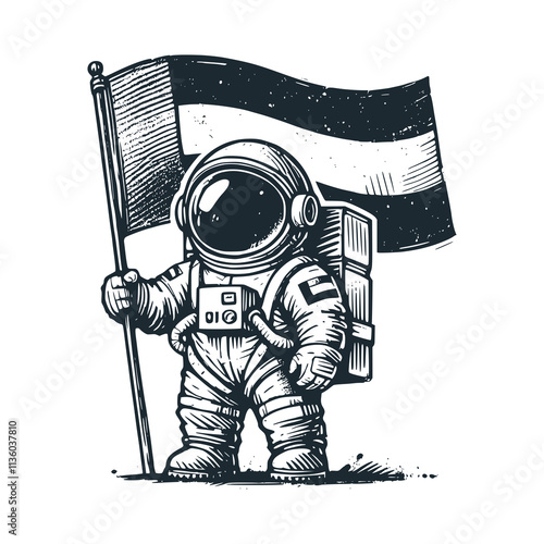 Cute astronaut hold a United Arab Emirates flag. Black white vector. Icon and logo illustration.	