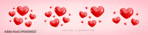 Vector 3d red hearts with sparkles composition set on pink background. Cute realistic cartoon 3d love concept, red shining heart render illustration for Valentines day greeting, Mothers Day, decor. photo