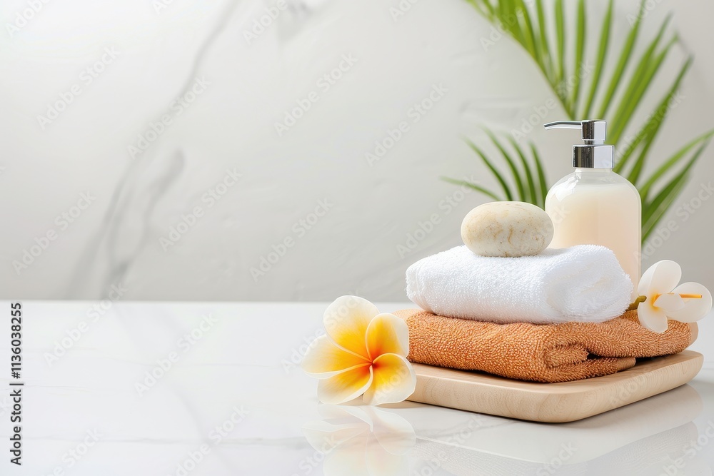 A serene spa setup featuring towels, a soap dispenser, and a flower, perfect for relaxation and wellness. A serene spa setup featuring towels, a soap dispenser, and a flower, perfect for relaxation and wellness.