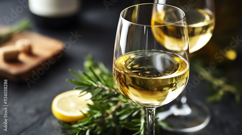 Chilled White Wine with Herbs and Lemon on Elegant Dining Table : Generative AI