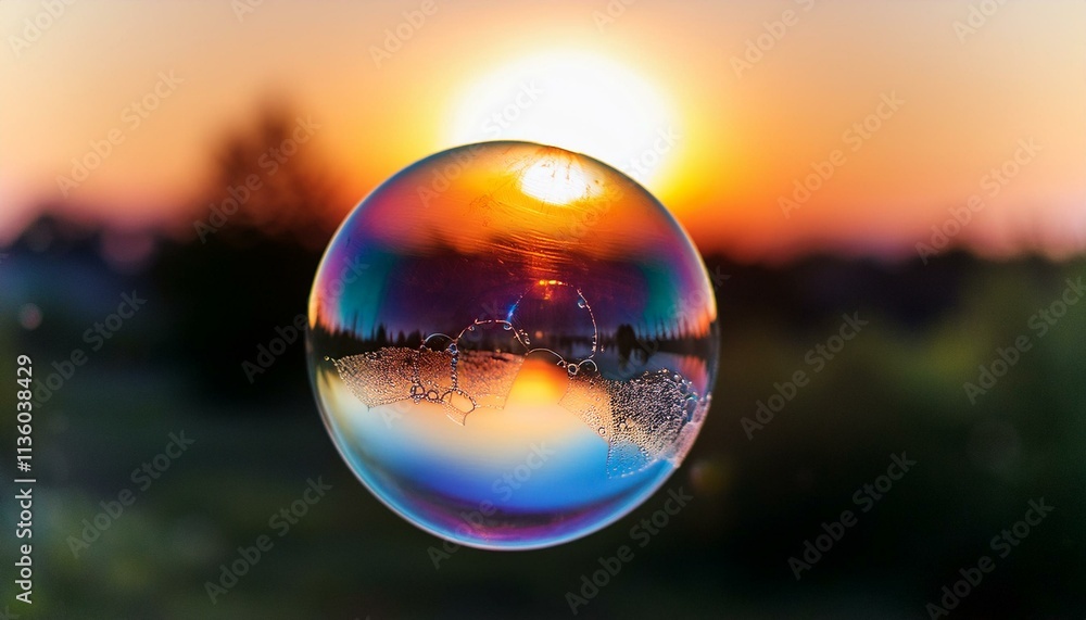 Generated image Soap bubble with reflections floating at sunset Generated image Soap bubble with reflections floating at sunset
