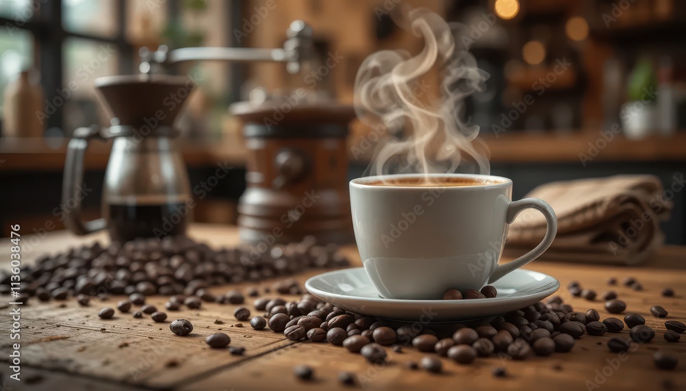 A close-up view of a steaming cup of coffee, set on a rustic wooden table with scattered coffee beans. A close-up view of a steaming cup of coffee, set on a rustic wooden table with scattered coffee beans.