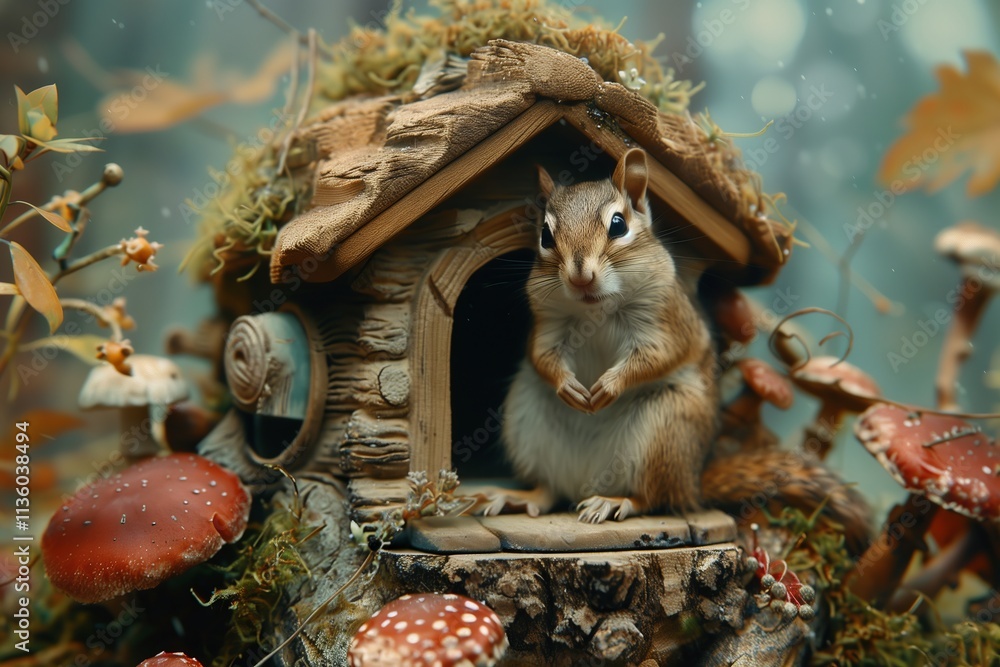 Obraz premium A charming chipmunk sits at its rustic wooden home surrounded by vibrant mushrooms.