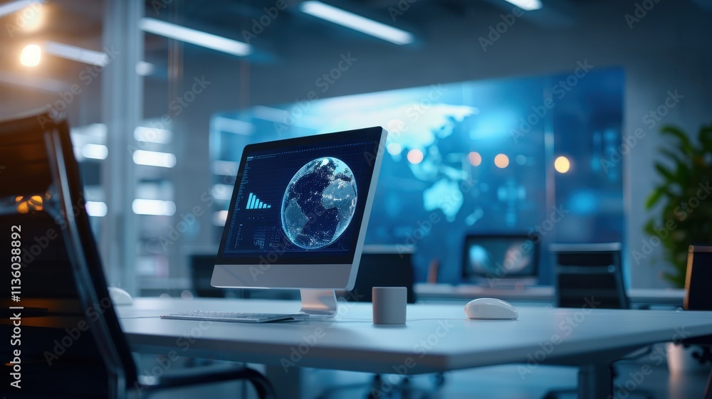 A modern office workspace featuring a computer displaying a globe, with a sleek desk and ambient lighting. A modern office workspace featuring a computer displaying a globe, with a sleek desk and ambient lighting.