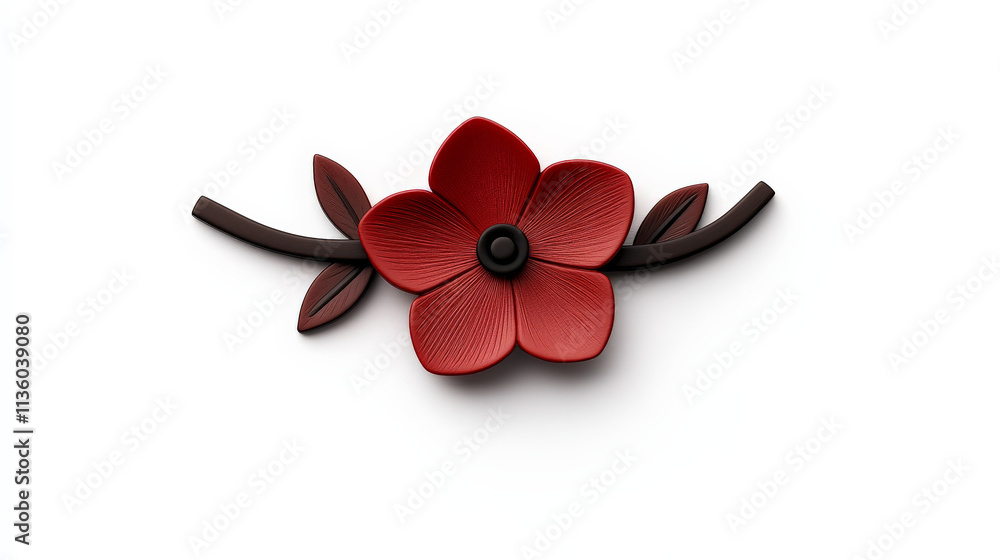 Naklejka premium Red Bloom on Branch: A delicate red flower with black center blossoms on a brown branch with leaves, showcasing the beauty of nature in a minimalist style. 