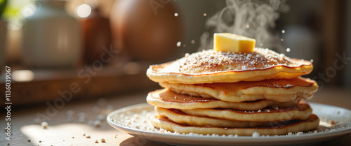 Preparation for Maslenitsa with golden pancakes and butter on a sunny table photo