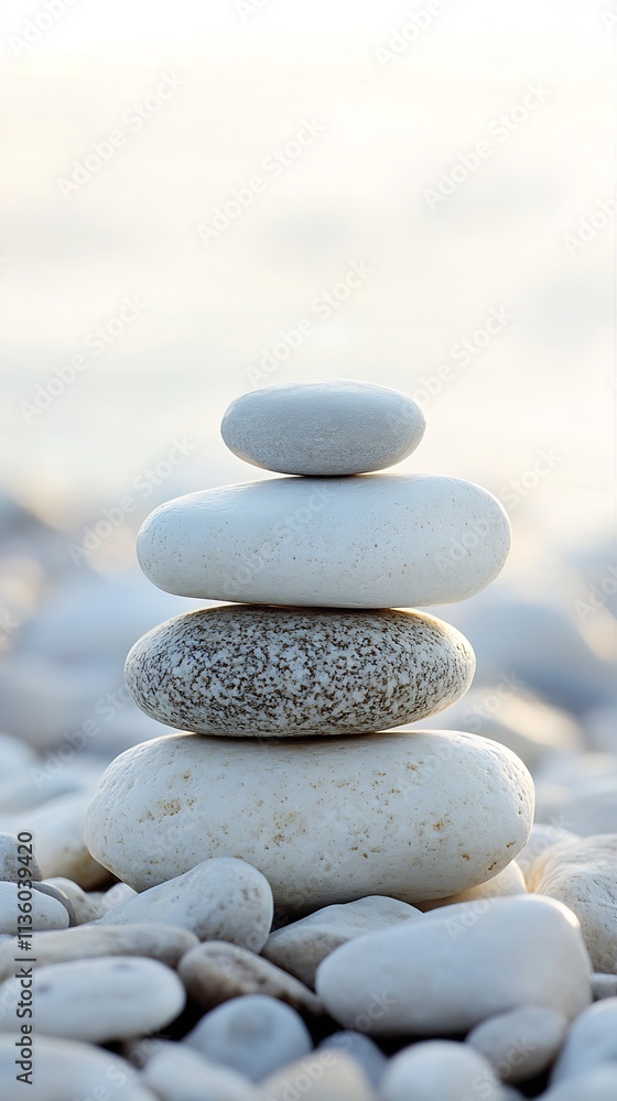 Balanced Zen Stone Stack on Gentle Pebble Beach with Soothing Ocean in Calm Minimalist Composition : Generative AI Balanced Zen Stone Stack on Gentle Pebble Beach with Soothing Ocean in Calm Minimalist Composition : Generative AI