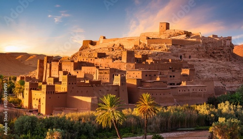Wallpaper Mural Generated image Sunset view of the Ksar of Ait Benhaddou, with the ancient mud-brick buildings glowing  Torontodigital.ca