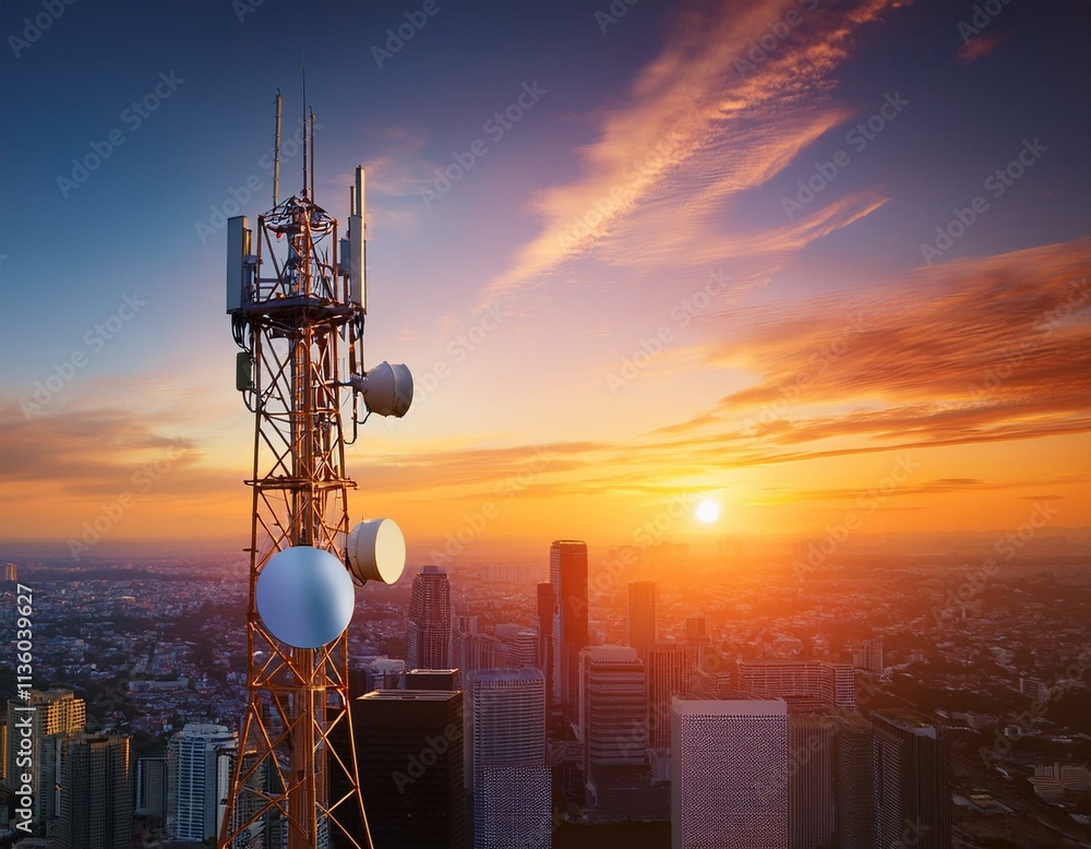 custom made wallpaper toronto digitalGenerated image A 3d base station receiver on a telecommunication tower against a vibrant sunset