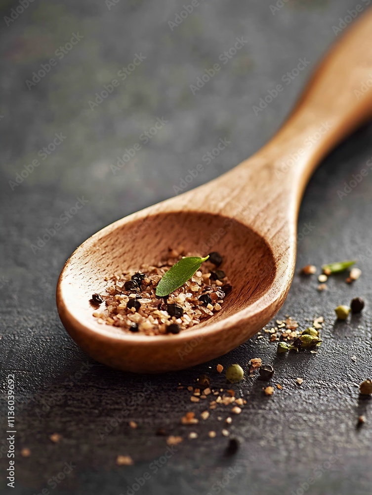Rustic Wooden Spoon with Gourmet Seasoned Salt and Peppercorns on Dark Stone Surface : Generative AI Rustic Wooden Spoon with Gourmet Seasoned Salt and Peppercorns on Dark Stone Surface : Generative AI