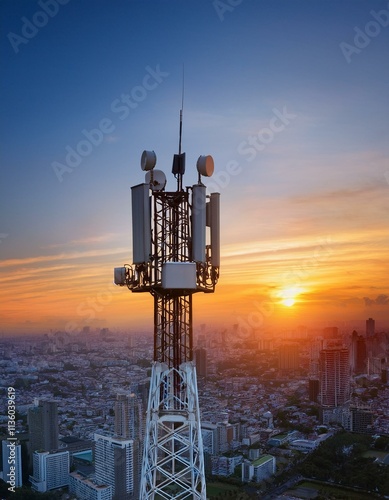 Generated image A 3d base station receiver on a telecommunication tower against a vibrant sunset 