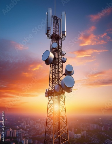 Generated image A 3d base station receiver on a telecommunication tower against a vibrant sunset 