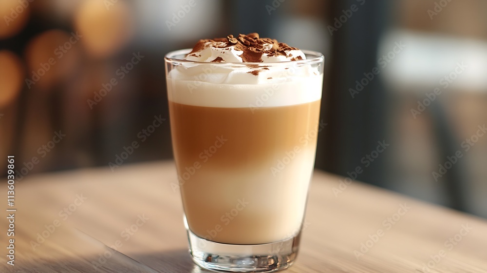 Delicious creamy latte topped with whipped cream in a glass on a wooden table : Generative AI Delicious creamy latte topped with whipped cream in a glass on a wooden table : Generative AI