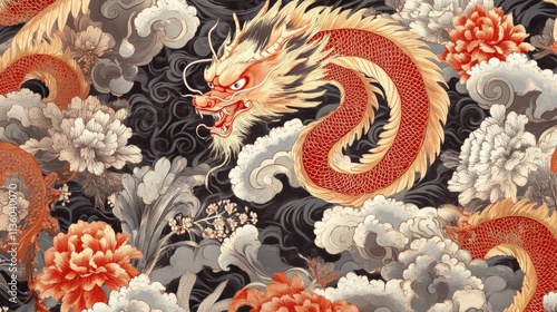 Majestic dragon unleashed vibrant floral background digital art asian inspiration close-up view cultural symbolism photo