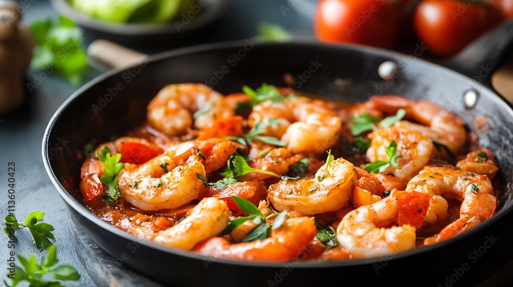 Savory Shrimp Topped with Fresh Herbs in a Skillet on a Rustic Dark Table : Generative AI Savory Shrimp Topped with Fresh Herbs in a Skillet on a Rustic Dark Table : Generative AI