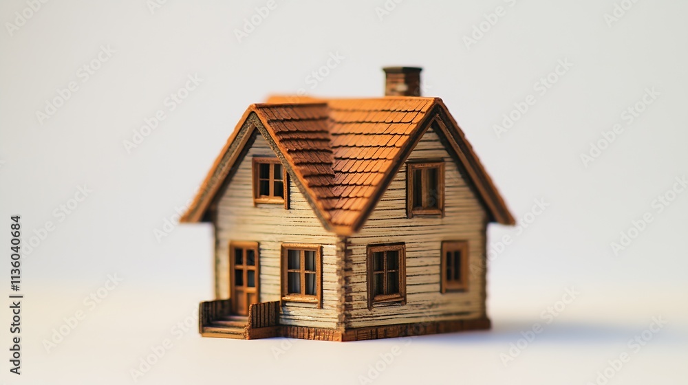 Small Wooden House Model with Rustic Orange Roof on Neutral Background : Generative AI Small Wooden House Model with Rustic Orange Roof on Neutral Background : Generative AI