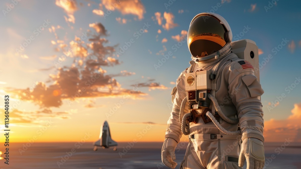 An astronaut stands in a stunning sunset backdrop, with a spacecraft launching in the distance, highlighting the beauty of space exploration. An astronaut stands in a stunning sunset backdrop, with a spacecraft launching in the distance, highlighting the beauty of space exploration.