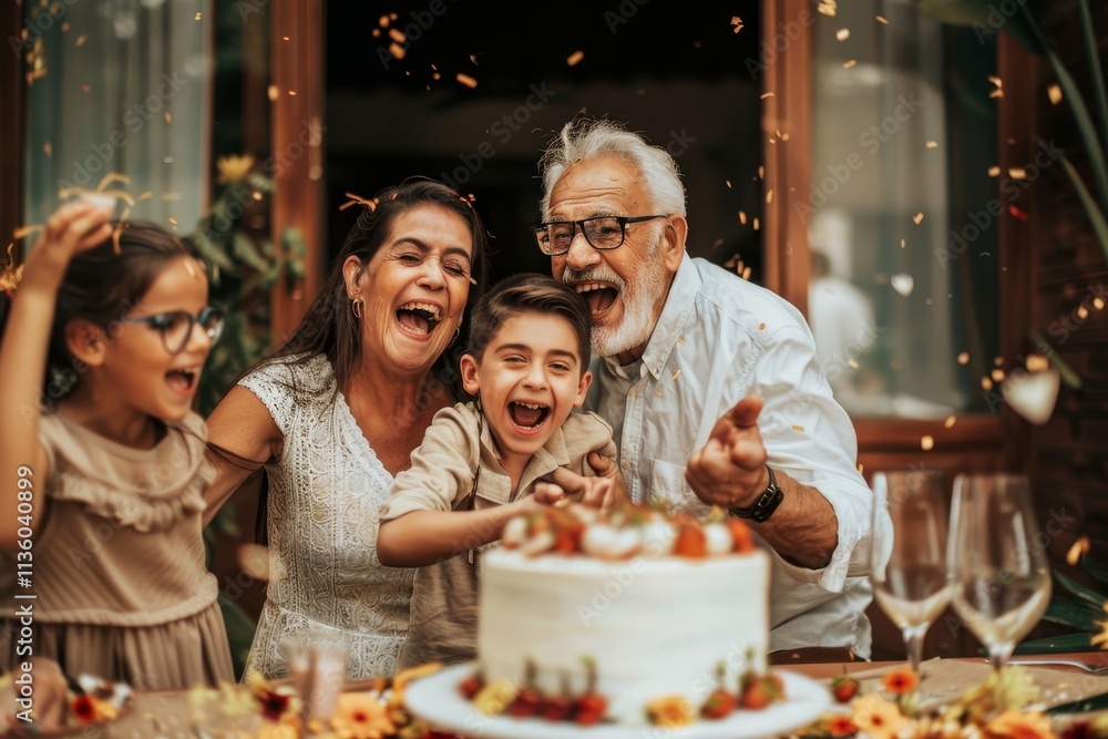A family smiles and laughs during a celebratory gathering, enjoying a cake and confetti, A family celebrating a milestone together A family smiles and laughs during a celebratory gathering, enjoying a cake and confetti, A family celebrating a milestone together