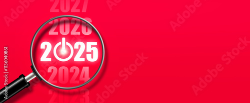 2024.2025.2026.Numbers and start button on a red background. Magnifying glass. Copy space. Holidays.