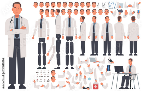 Male doctor character constructor. Set of different hand, leg and body positions to create animation or your own illustrations. DIY kit. Vector illustration
