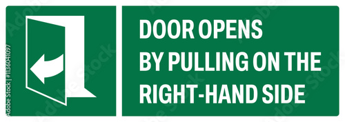 ISO emergency and first aid safety signs uppercase text_door opens by pulling on the right-hand side_landscape size 1/2 a4,a3,a2,a1 