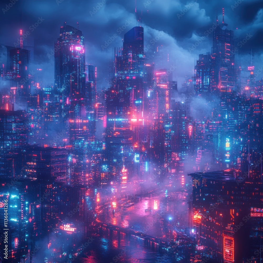 Fototapeta premium Futuristic cityscape at night, shrouded in vibrant neon lights and fog.