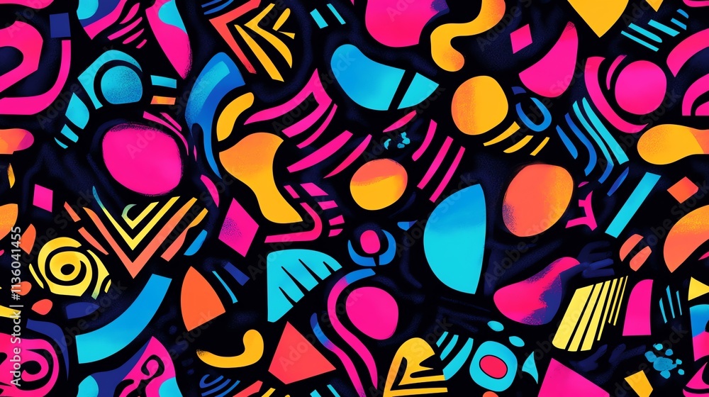 Fototapeta premium An abstract pattern with bright colors and various geometric shapes on a black background.