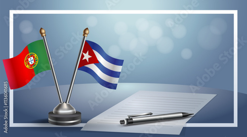 Portugal and Cuba National flags on small table with bokeh background, cooperative relationship