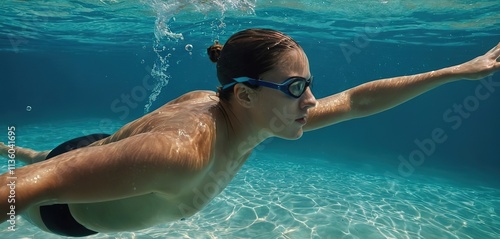 A swimmer glides through the water, their muscles rippling as they cut through the waves, leaving a trail of bubbles in their wake