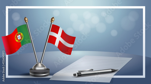 Portugal and Denmark National flags on small table with bokeh background, cooperative relationship