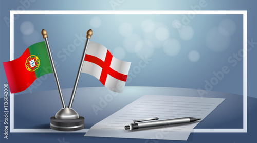 Portugal and England National flags on small table with bokeh background, cooperative relationship