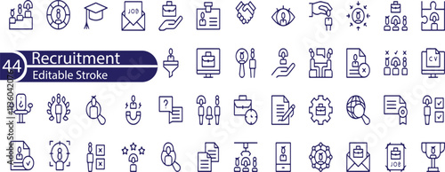 Recruitment icon collection set. Containing job search, interview, job fair, screening, short listed, employee icon.
