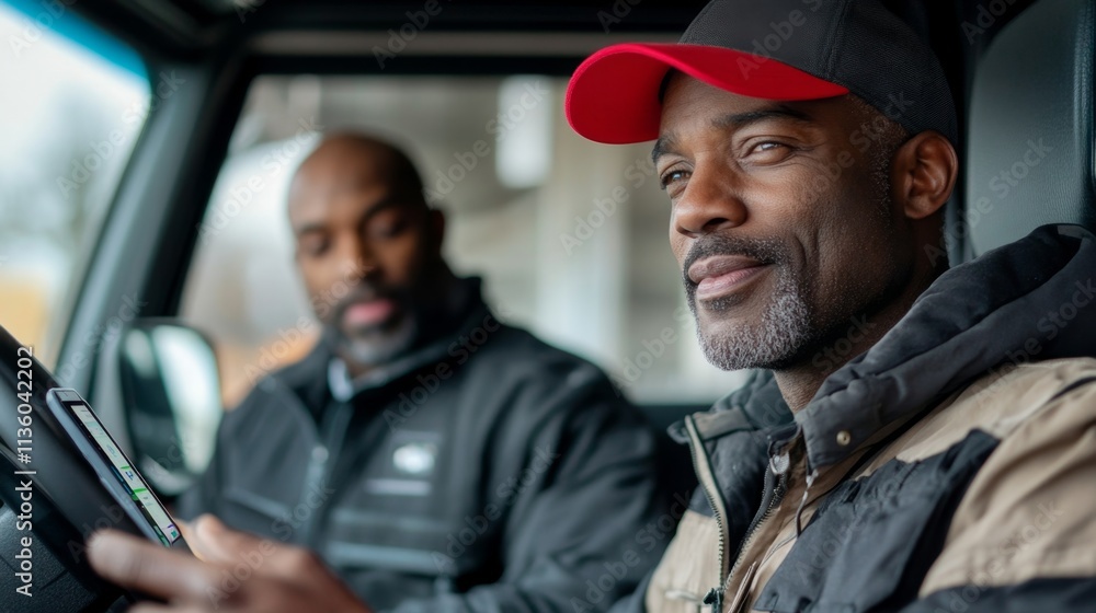 Engaging conversation between two truck drivers highway candid photo urban environment side view friendship concept Engaging conversation between two truck drivers highway candid photo urban environment side view friendship concept