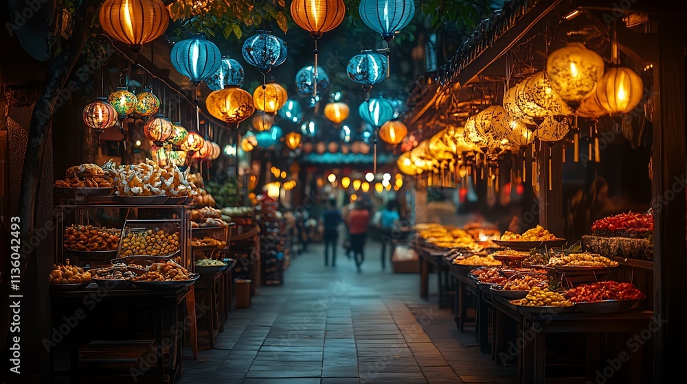 Illuminated Night Market Alleyway With Food Stalls And Lanterns Illuminated Night Market Alleyway With Food Stalls And Lanterns