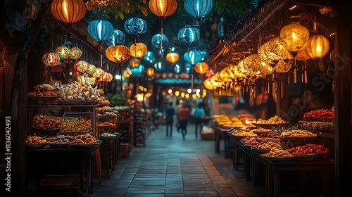 Illuminated Night Market Alleyway With Food Stalls And Lanterns