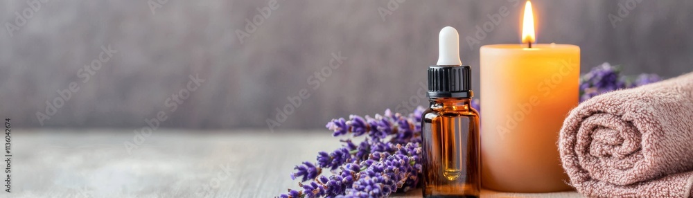 A calming lifestyle scene featuring lavender oil, a candle, and a towel for relaxation and self-care at home. A calming lifestyle scene featuring lavender oil, a candle, and a towel for relaxation and self-care at home.