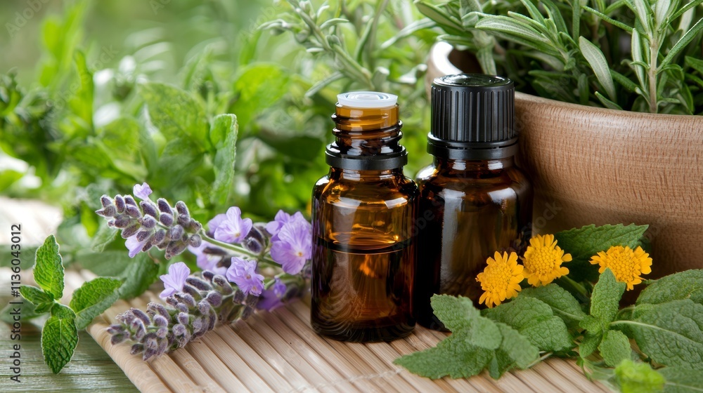 Natural essential oils and fresh herbs create a calming atmosphere for holistic wellness and relaxation in daily life. Natural essential oils and fresh herbs create a calming atmosphere for holistic wellness and relaxation in daily life.